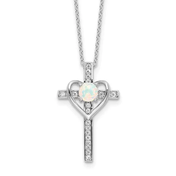 Sterling Silver Created Opal and CZ Cross with Heart Necklace