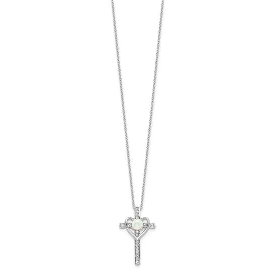 Sterling Silver Created Opal and CZ Cross with Heart Necklace