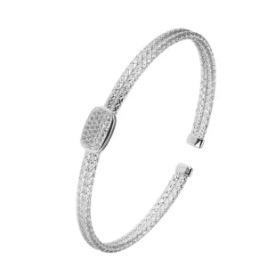 Sterling Silver Mesh Flex Cuff Bracelet w/ Pave CZs (SI5314)