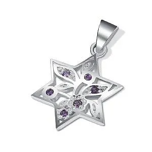 Sterling Silver Star of David Pendant -Inlaid Purple Stones