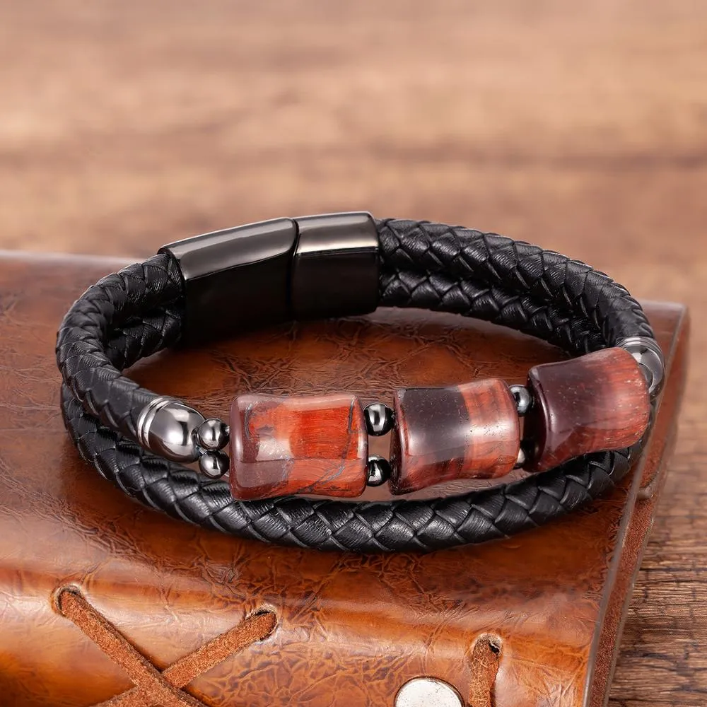 Stone Leather Cord Braided Men's And Women's Leather Stainless Steel Magnet Buckle