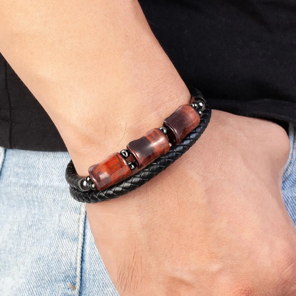 Stone Leather Cord Braided Men's And Women's Leather Stainless Steel Magnet Buckle