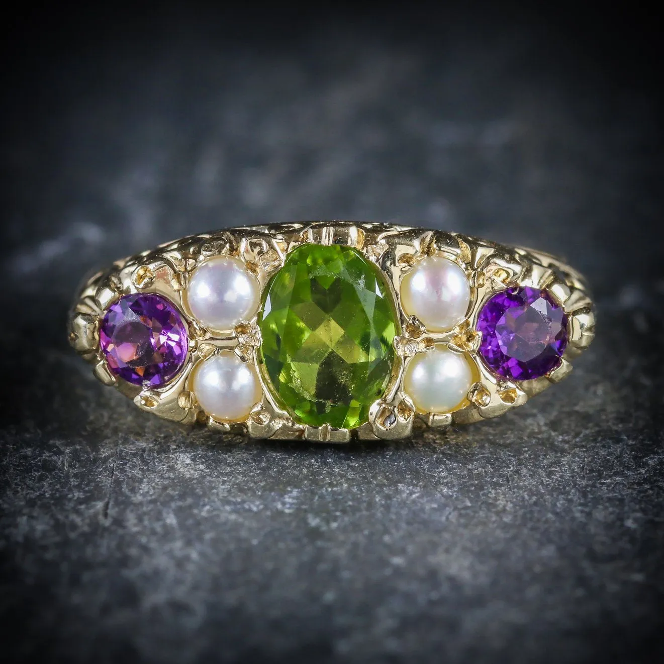 Suffragette Ring Amethyst Peridot Pearl 9Ct Gold Ring