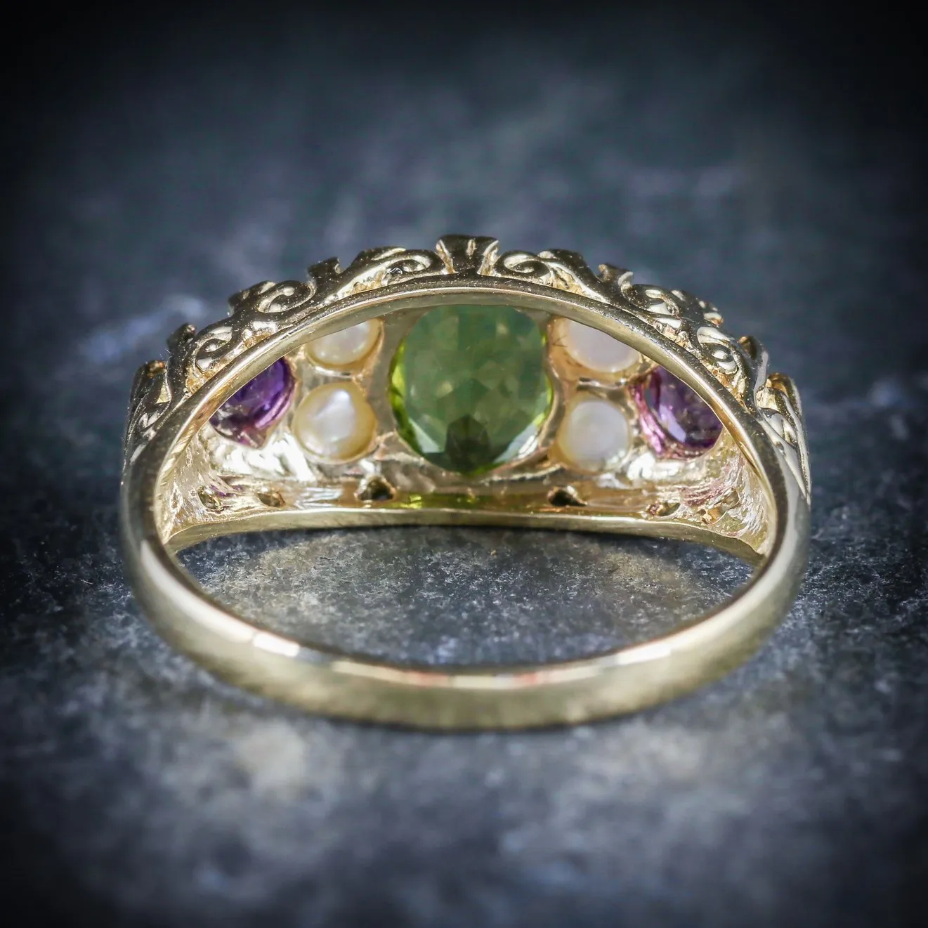 Suffragette Ring Amethyst Peridot Pearl 9Ct Gold Ring