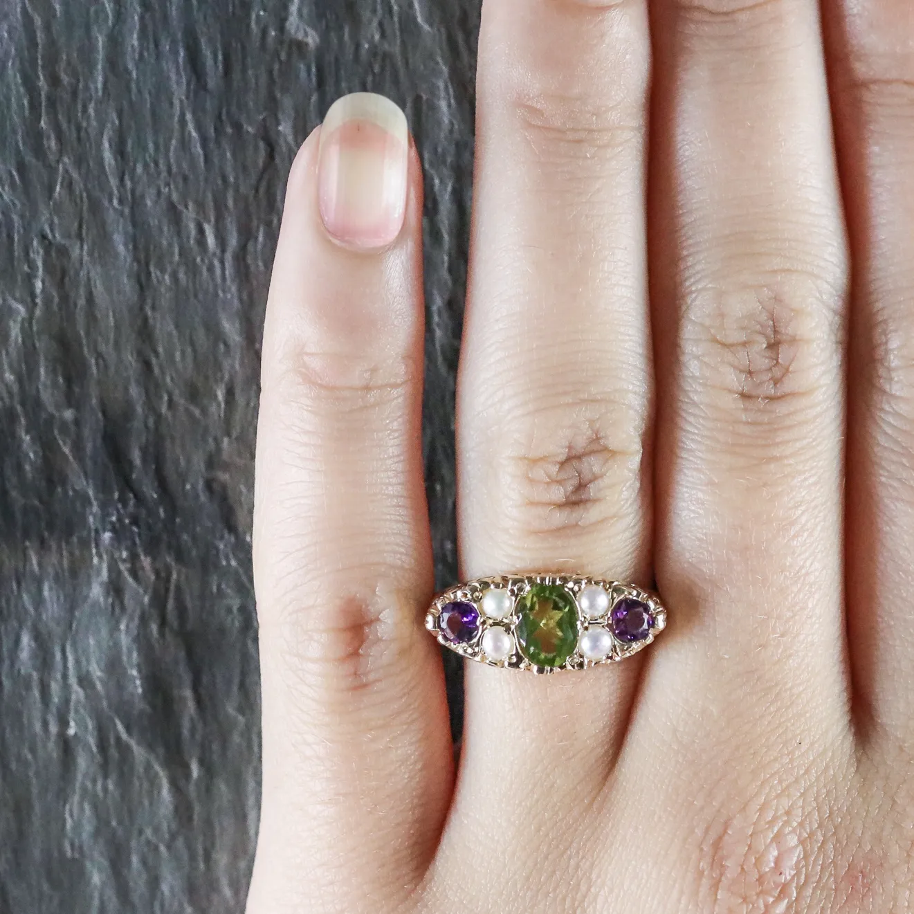 Suffragette Ring Amethyst Peridot Pearl 9Ct Gold Ring