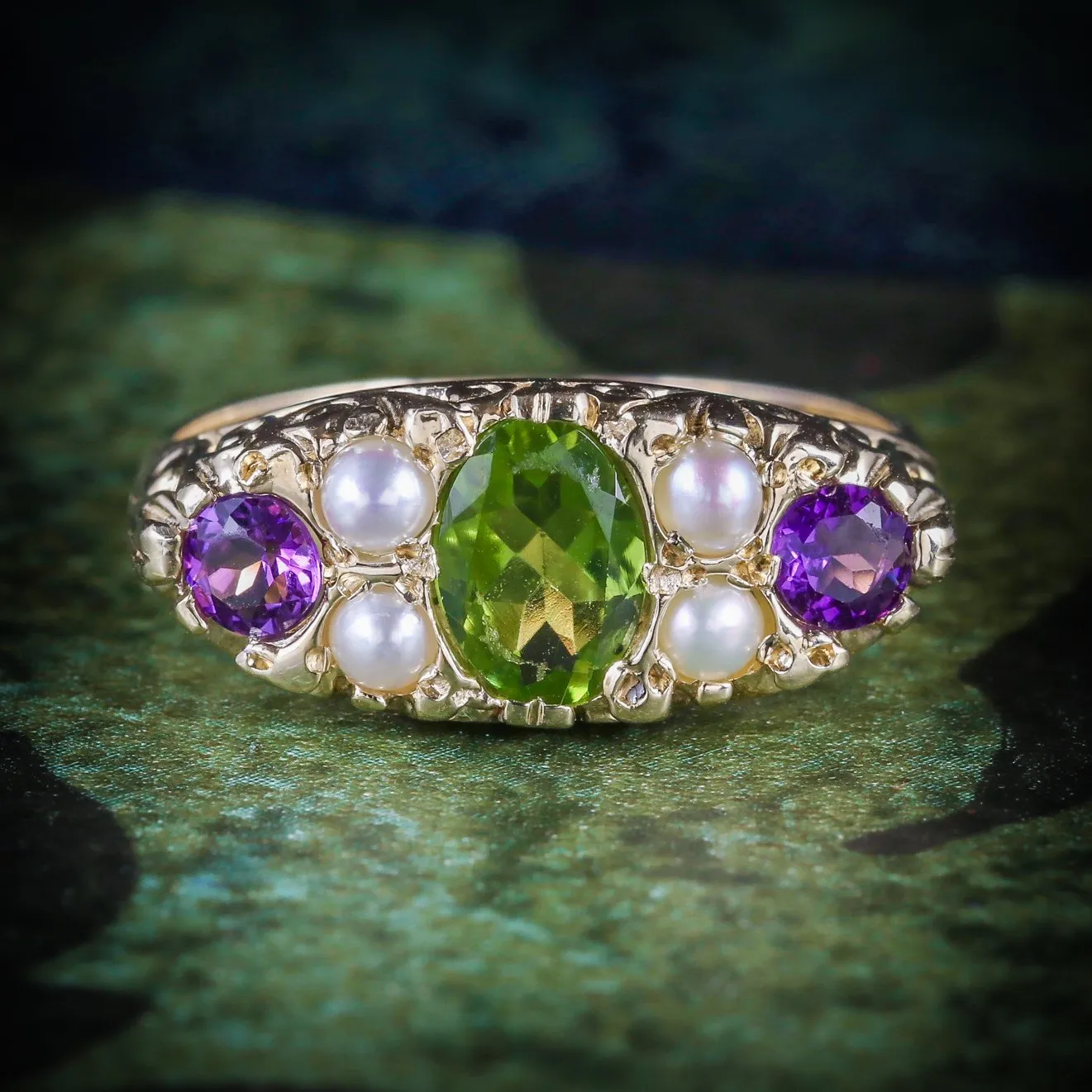 Suffragette Ring Amethyst Peridot Pearl 9Ct Gold Ring