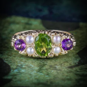 Suffragette Ring Amethyst Peridot Pearl 9Ct Gold Ring