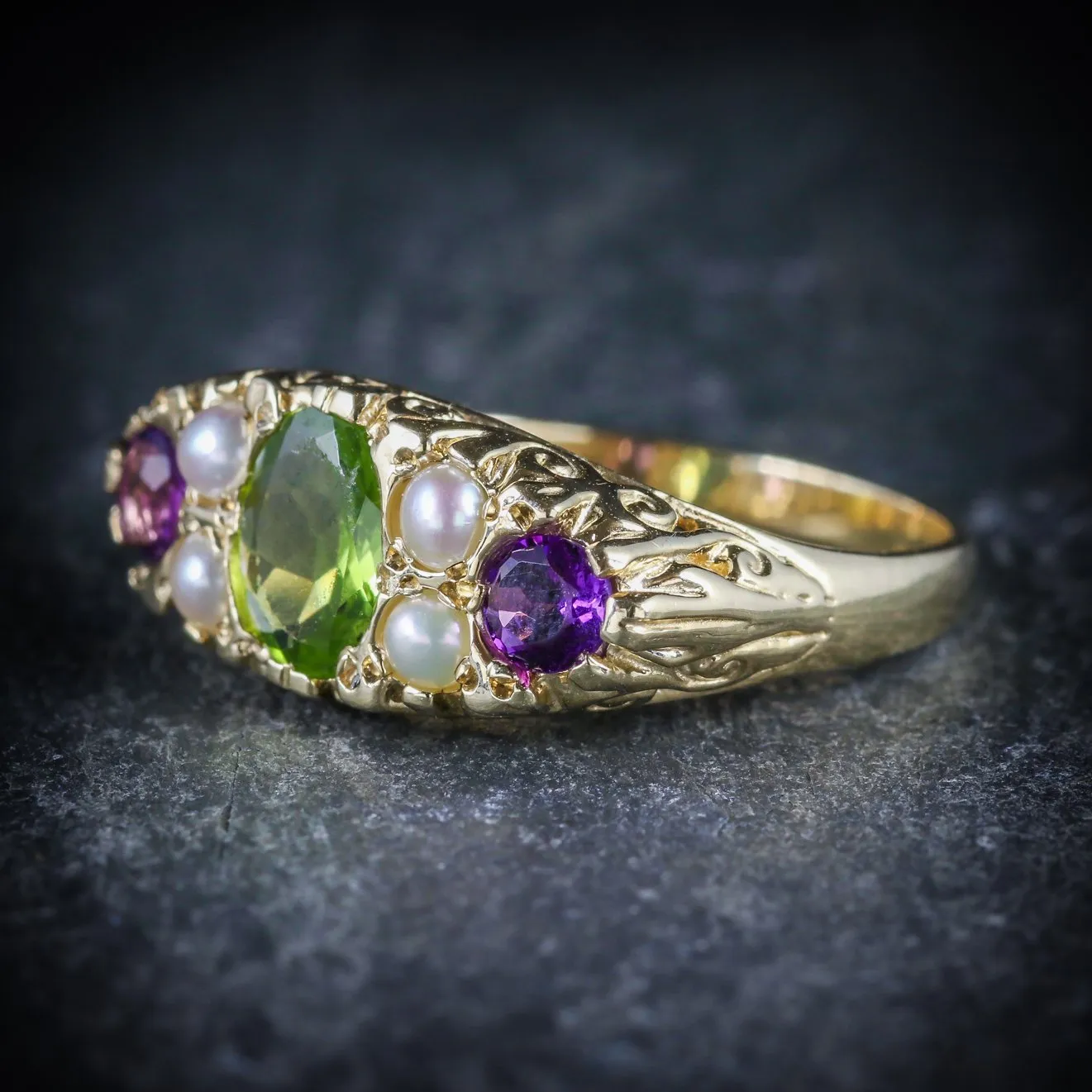 Suffragette Ring Amethyst Peridot Pearl 9Ct Gold Ring