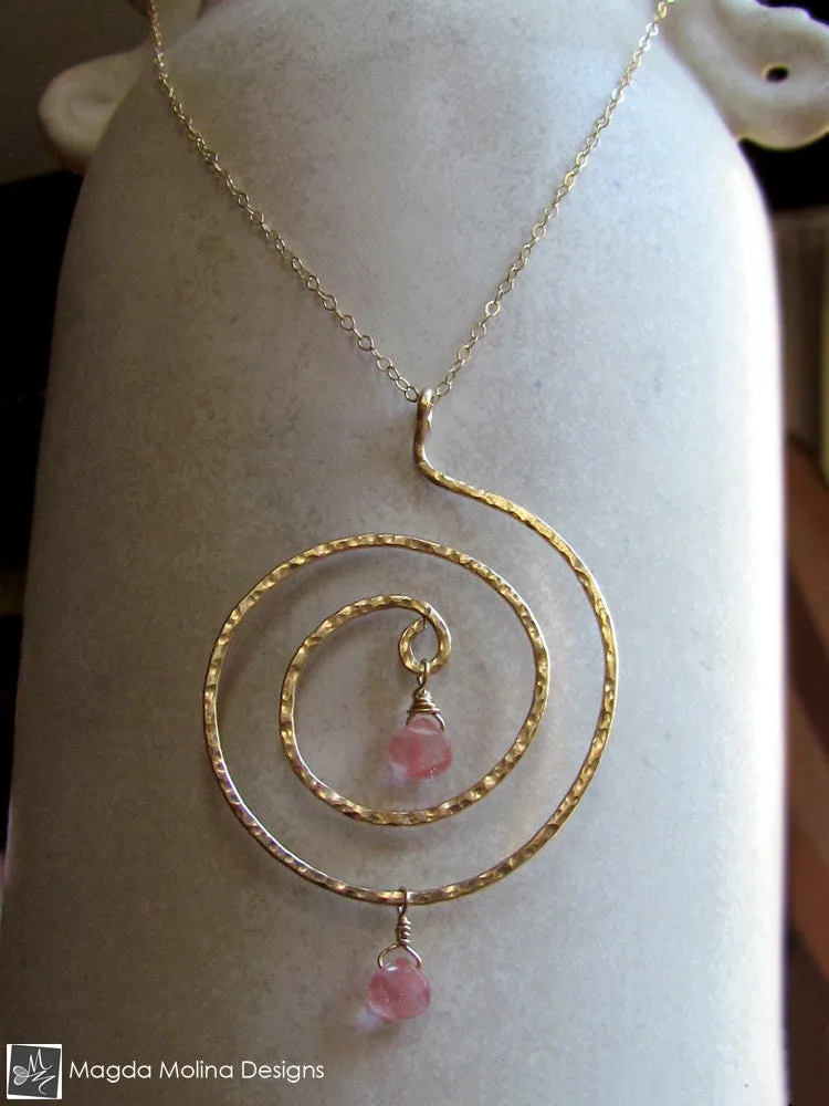 The Hammered Gold Spiral And Cherry Quartz Necklace