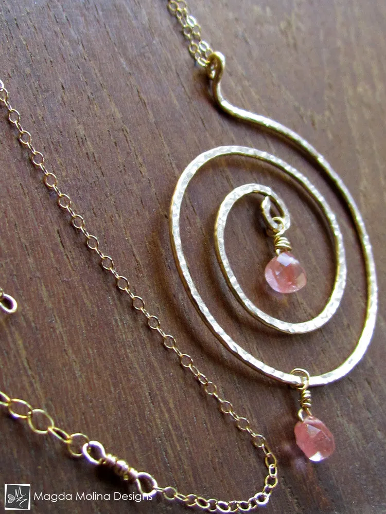 The Hammered Gold Spiral And Cherry Quartz Necklace