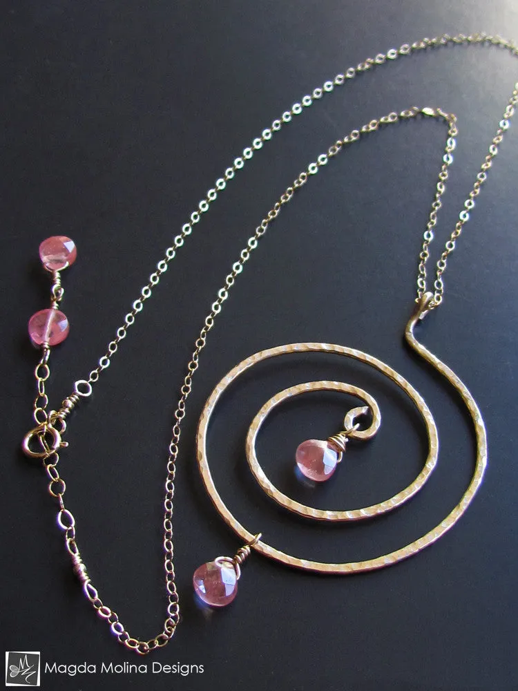 The Hammered Gold Spiral And Cherry Quartz Necklace