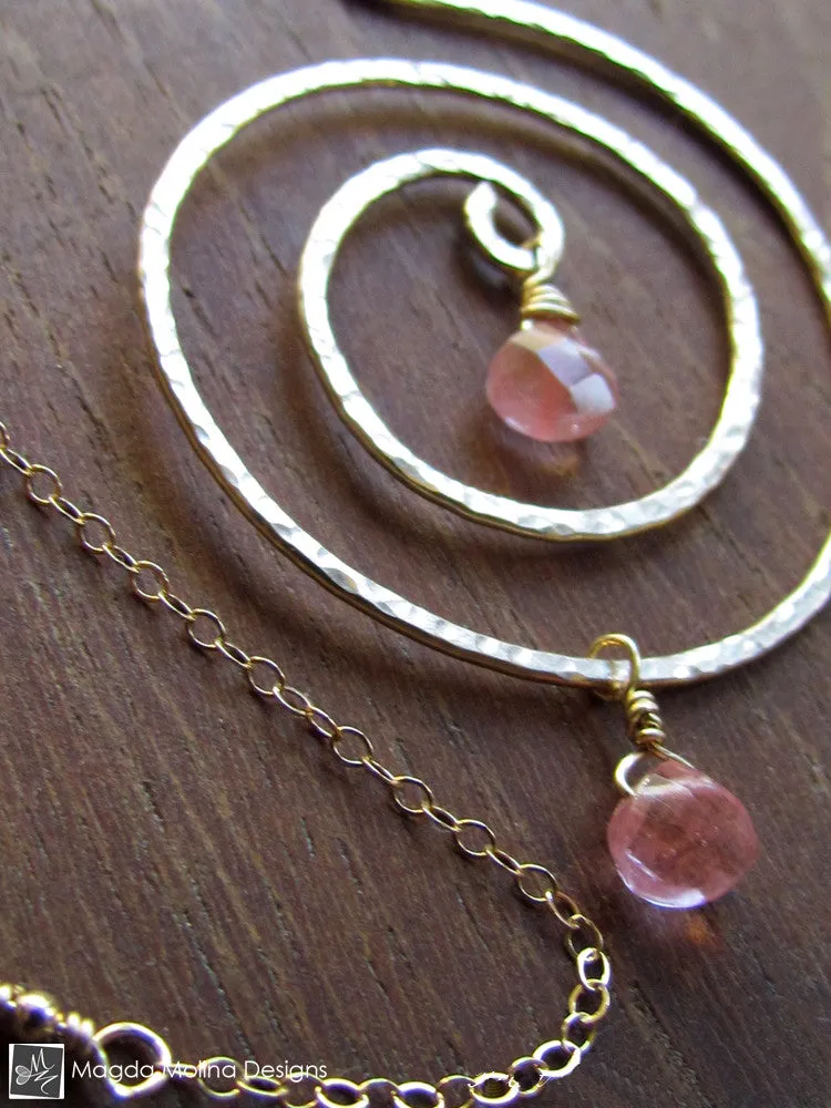 The Hammered Gold Spiral And Cherry Quartz Necklace