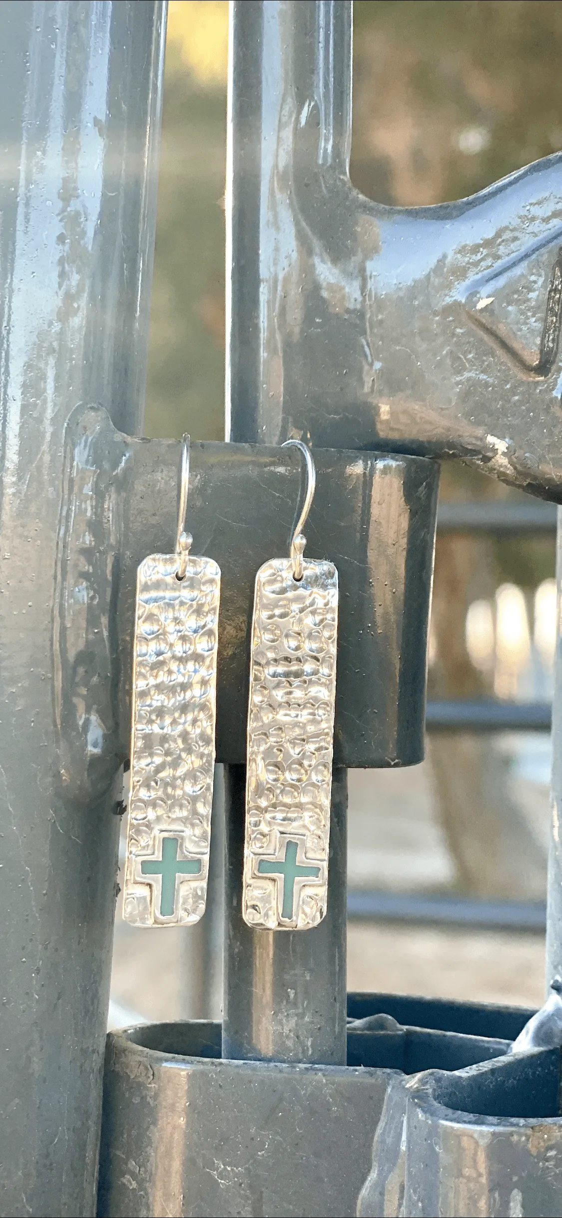 The Hammered Sterling & Real Turquoise Cross Earring