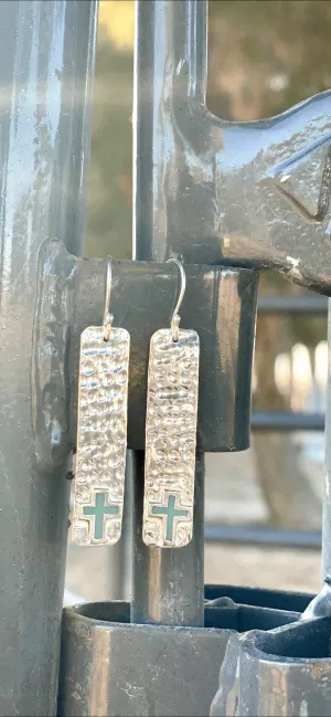 The Hammered Sterling & Real Turquoise Cross Earring