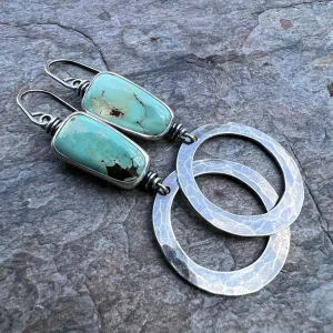 Turquoise Sterling Silver Hammered Hoop Earrings - Handmade One-of-a-kind Earrings