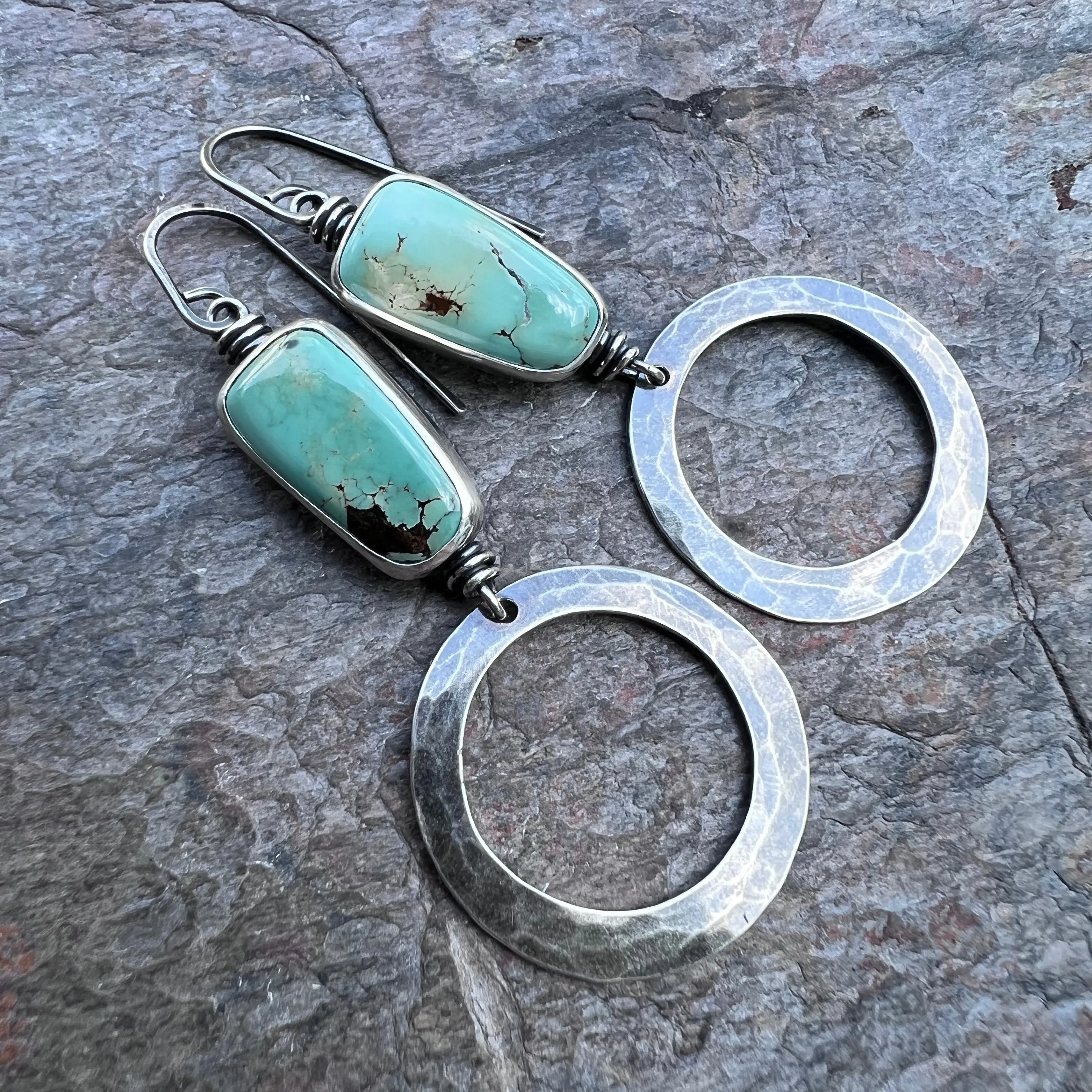 Turquoise Sterling Silver Hammered Hoop Earrings - Handmade One-of-a-kind Earrings