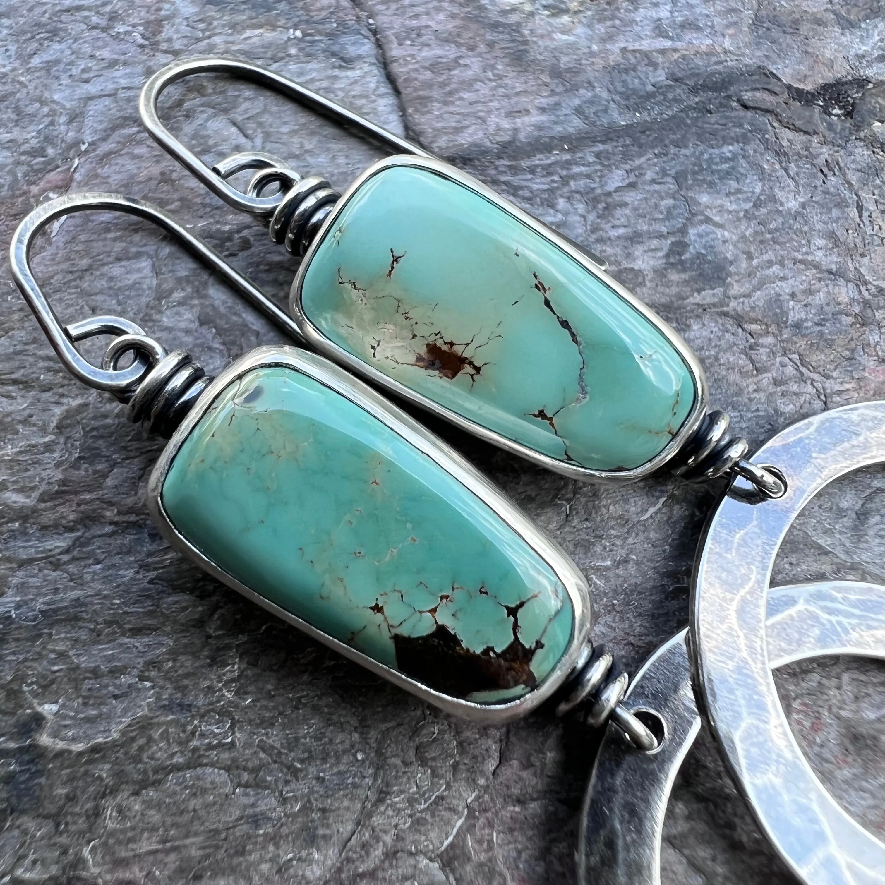 Turquoise Sterling Silver Hammered Hoop Earrings - Handmade One-of-a-kind Earrings