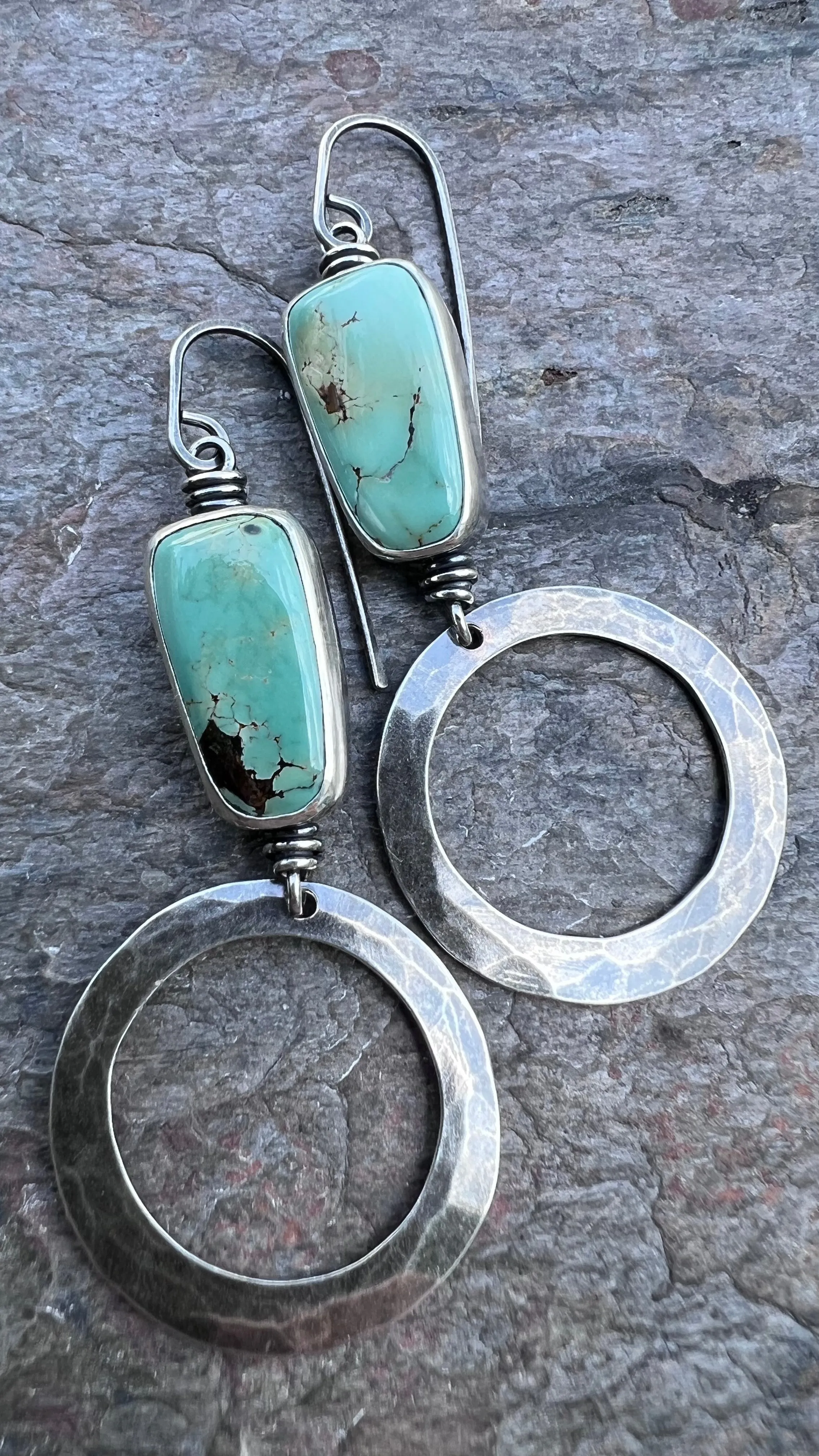 Turquoise Sterling Silver Hammered Hoop Earrings - Handmade One-of-a-kind Earrings