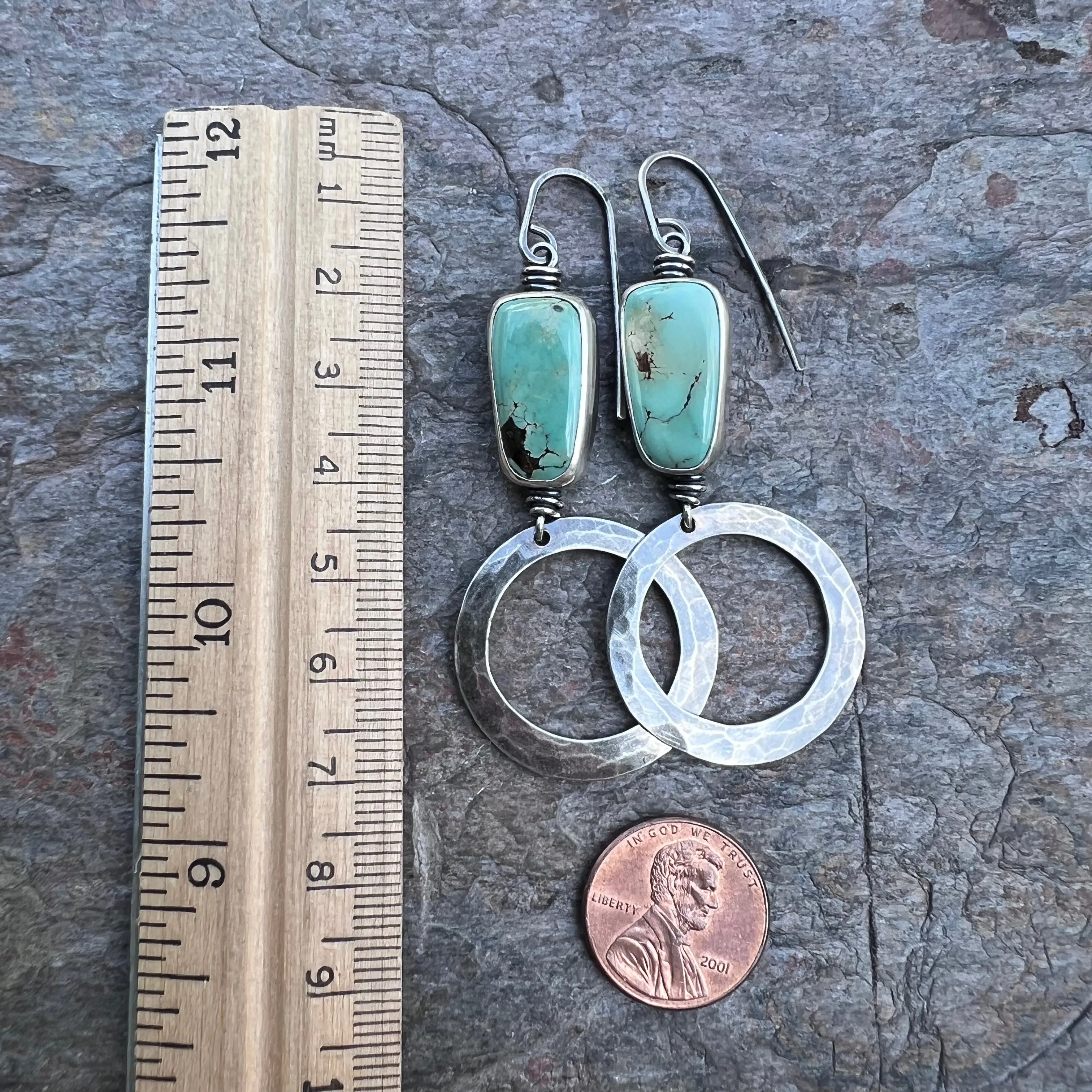 Turquoise Sterling Silver Hammered Hoop Earrings - Handmade One-of-a-kind Earrings