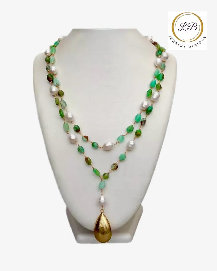 Vibrant Green Peruvian Amazonite and Pearl Statement Necklace with 18k Brushed Gold Vermeil Pendant