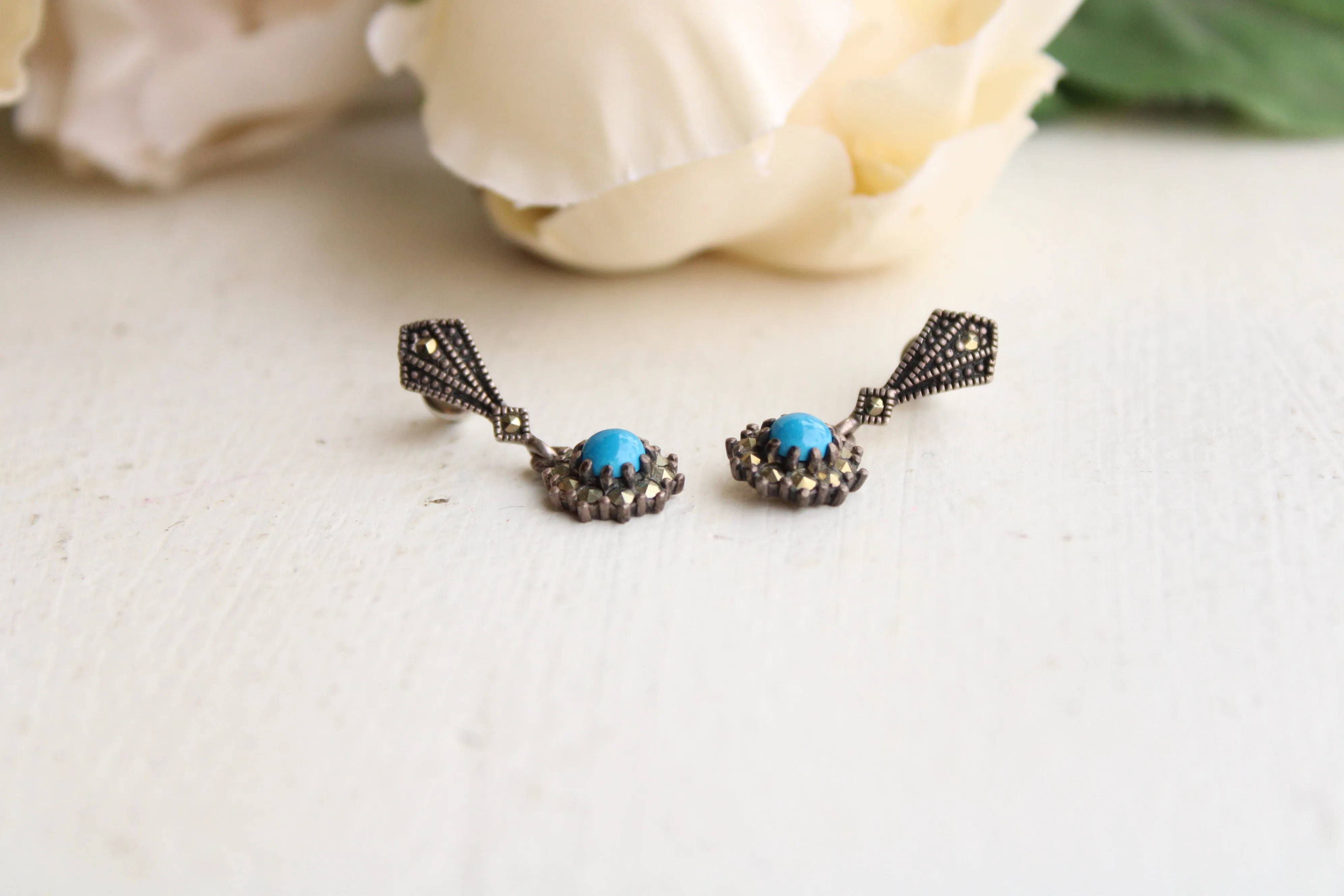 Vintage 1980s 1990s Sterling Silver Turquoise Earrings