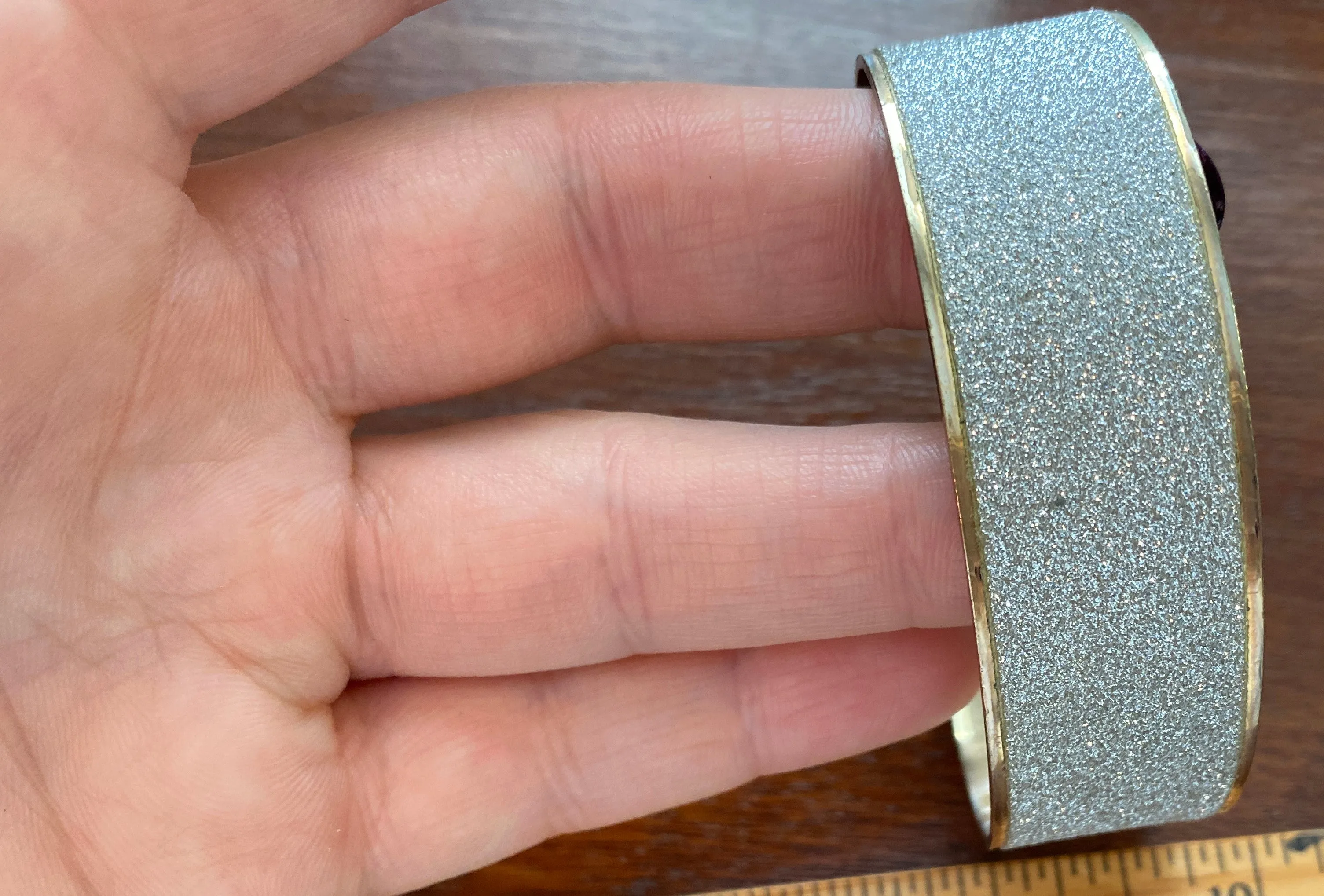 Vintage Brass Silver Glitter Cuff Bracelet