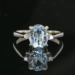 Vintage Diamond Accent Aquamarine Solitaire Ring in White Gold