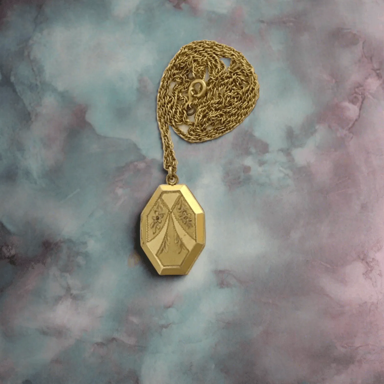 Vintage Geometric Gold Filled Art Deco Locket with Chain