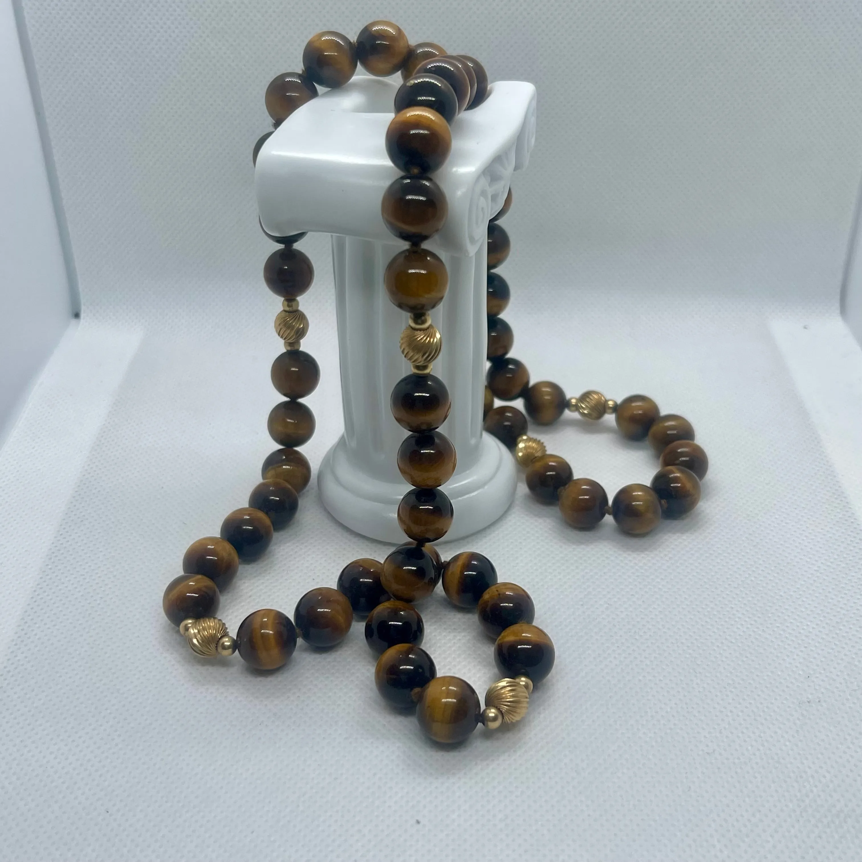 Vintage Tiger Eye Single 30 Strand Beaded Natural Gemstone Long Necklace