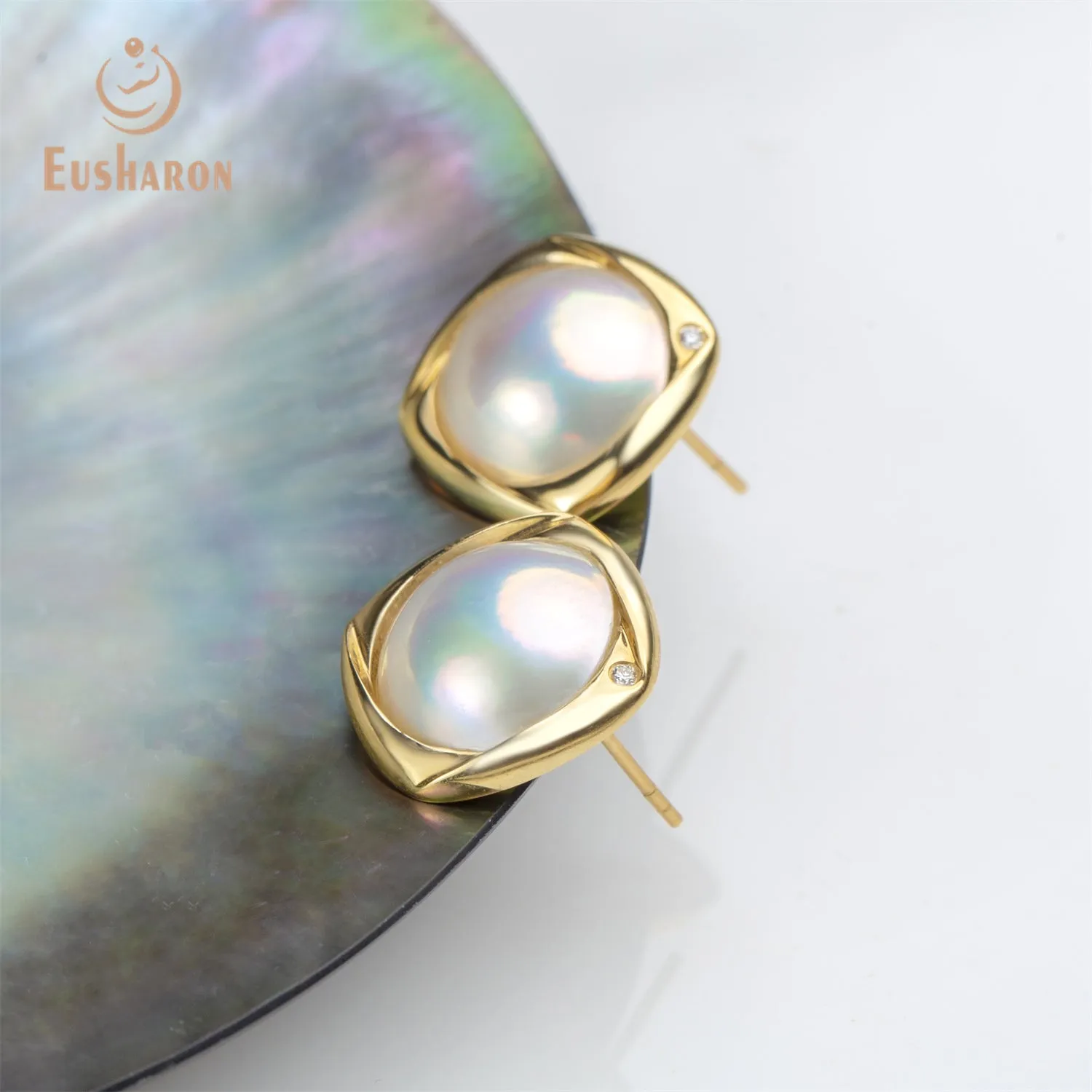 White Mabe Pearl 18K Gold Earrings with Diamond