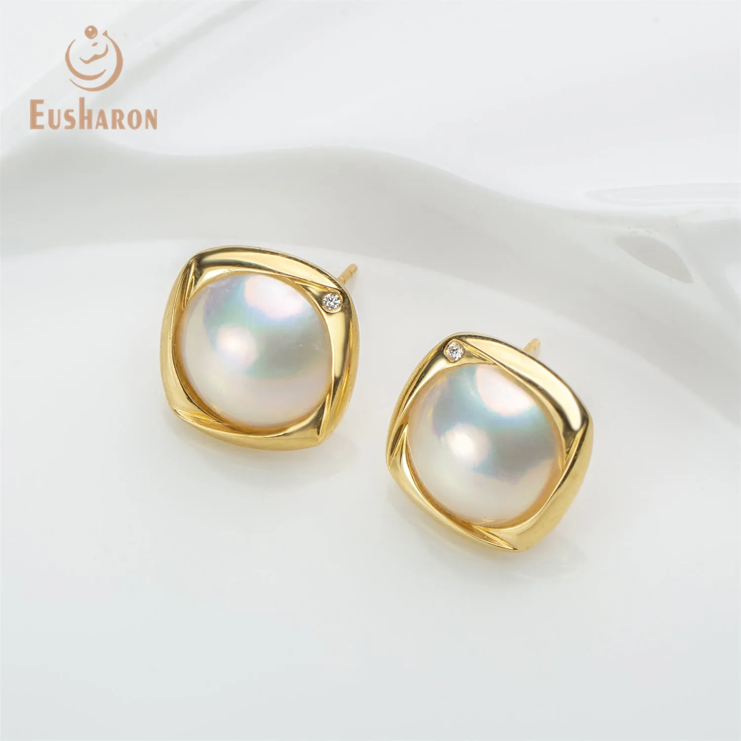 White Mabe Pearl 18K Gold Earrings with Diamond