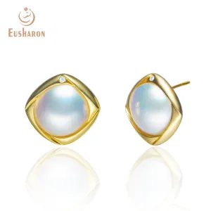 White Mabe Pearl 18K Gold Earrings with Diamond