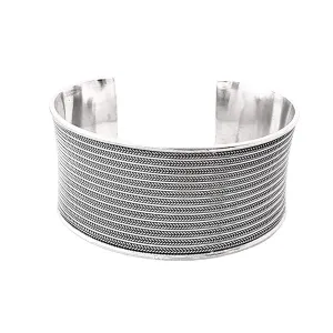 Women's Statement Wide Cuff Bangle  925 Sterling Silver Braided Details