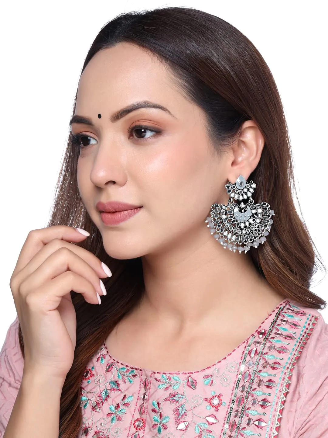 Yellow Chimes Earrings For Women Long Chandbali Grey Pearl and Stone Studded Elegant Earrings For Women and Girls